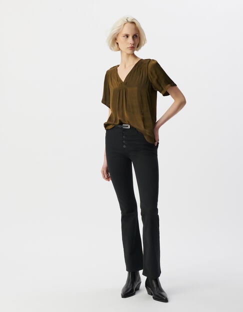 Khaki Damensatin-Top mit kurzen Ärmeln und Smocks - IKKS