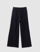 Black wide-leg pants with ecru bias on sides for girls-5