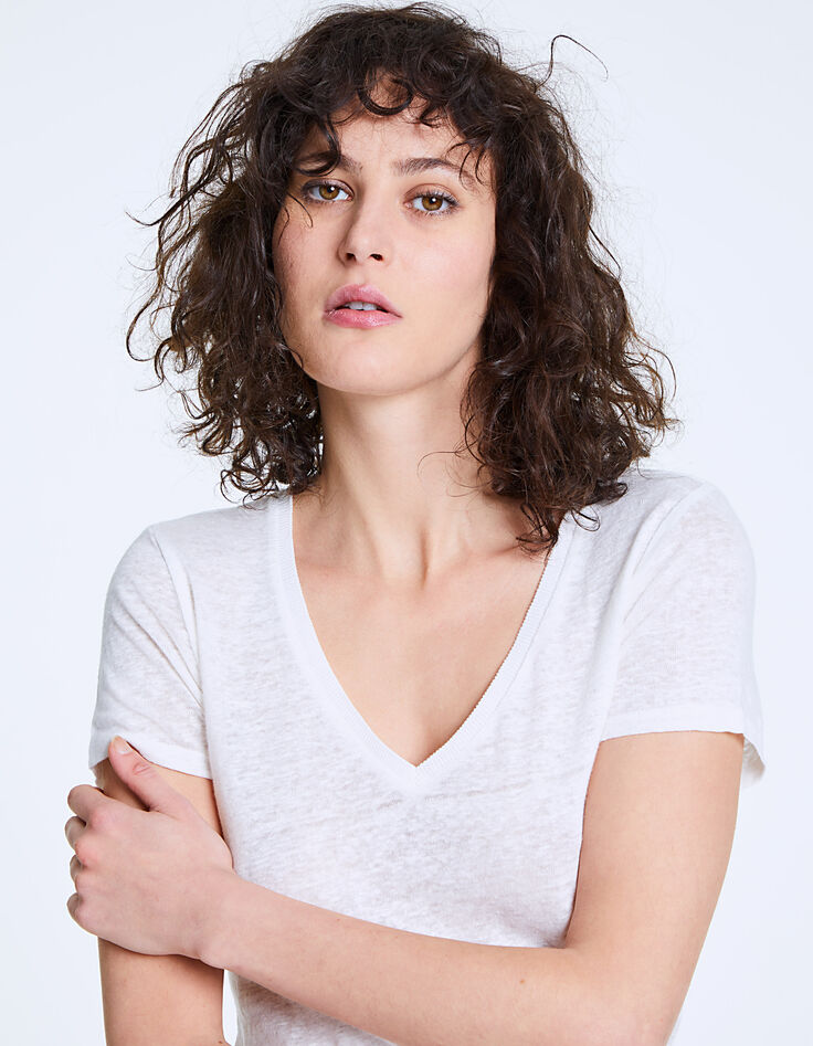 Women’s white skull embroidery linen T-shirt-4