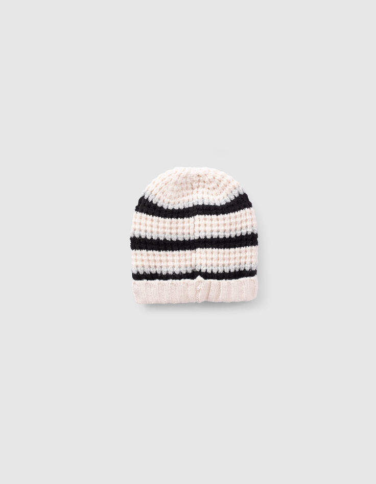 Cremeweiße Mädchenstrickmütze mit Lurex und Streifen-3