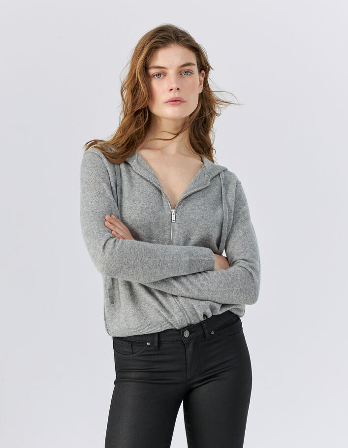 Women’s grey chevron cashmere hooded cardigan-1