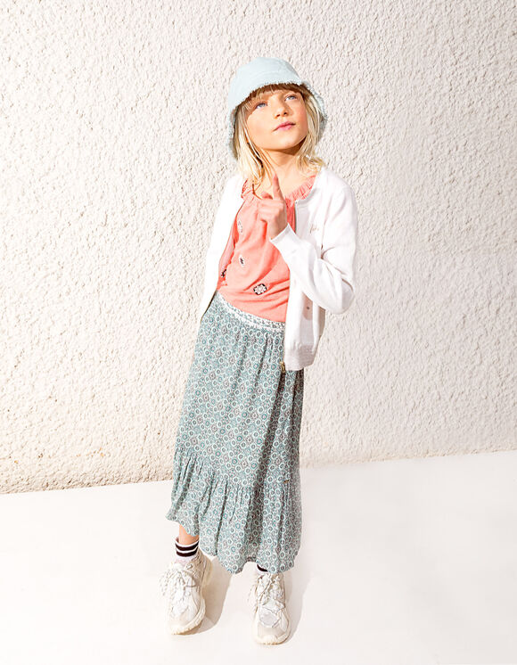 Girls’ aqua flower-print long skirt