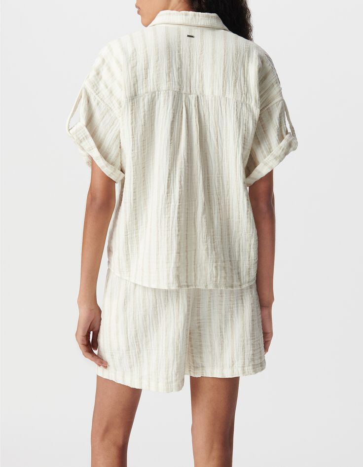 Chemise &eacute;crue gaze de coton rayures beiges Femme-3