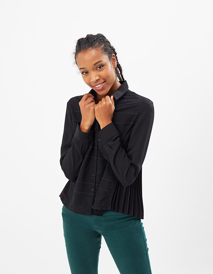 I.Code black embroidered star and pleated back shirt-2