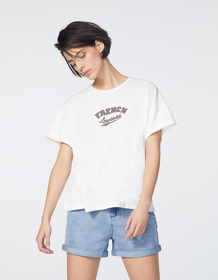 Cremeweißes Damen-T-Shirt mit Schriftzug mit Perlen - IKKS