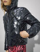 Women’s black vinyl hooded short padded jacket-5