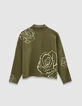 Jersey cuello alto verde punto jacquard rosas mujer-5