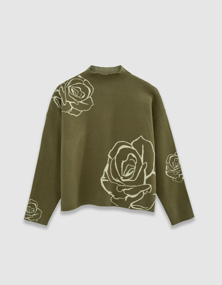 Jersey cuello alto verde punto jacquard rosas mujer-5