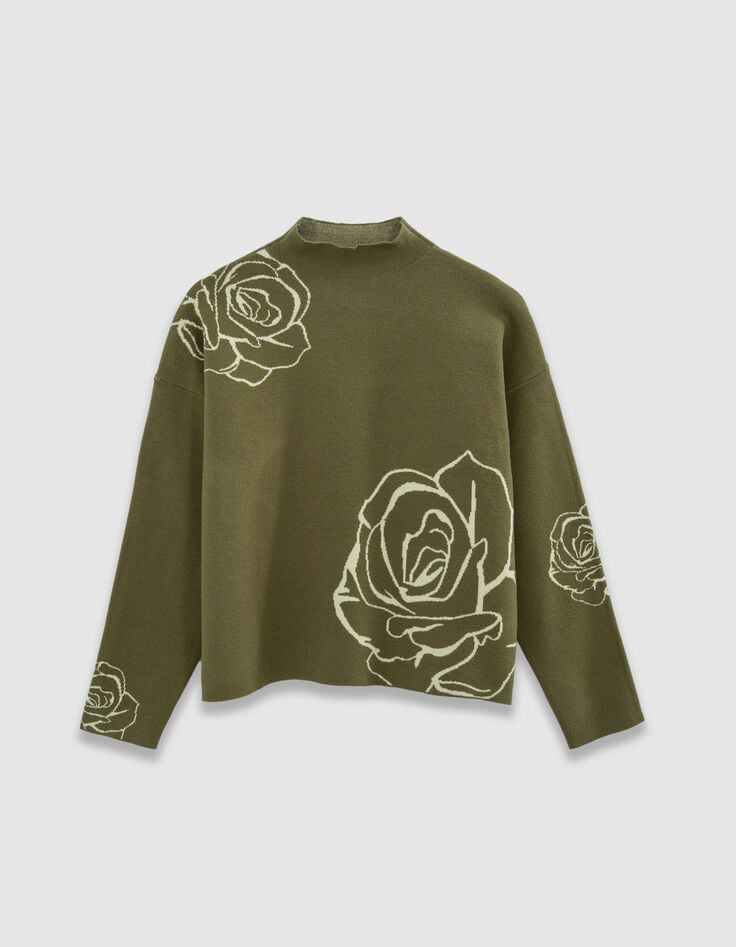 Jersey cuello alto verde punto jacquard rosas mujer-5 Jersey cuello alto verde punto jacquard rosas mujer-5