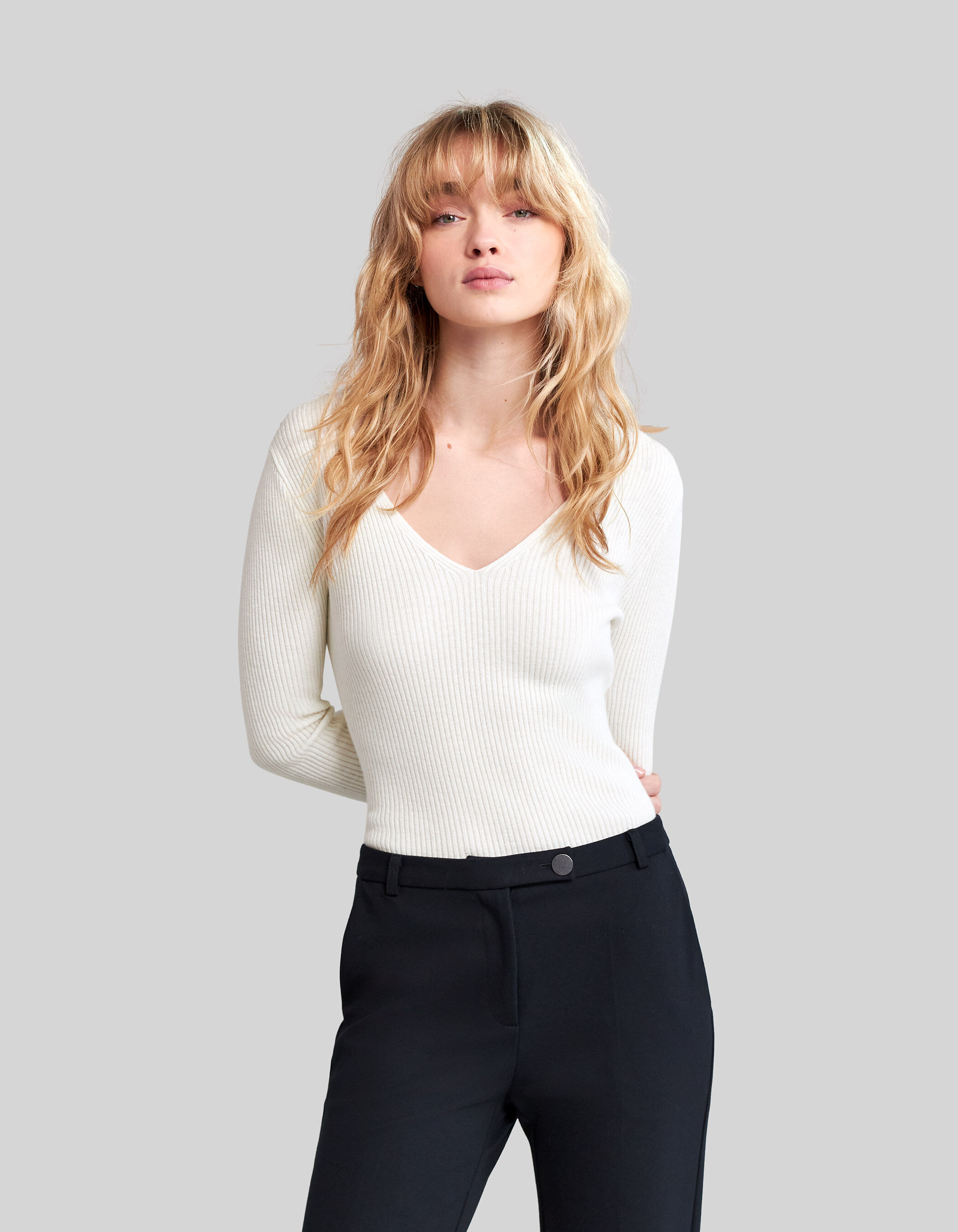 Women s ecru ribbed knit studded sweater IKKS