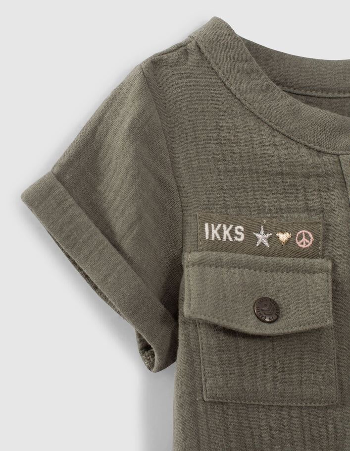 Khaki Babymädchen-Kleid aus Baumwollgaze mit Schößchen - IKKS