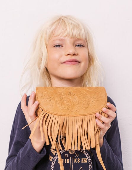 Girls’ caramel suede embroidered fringed bag