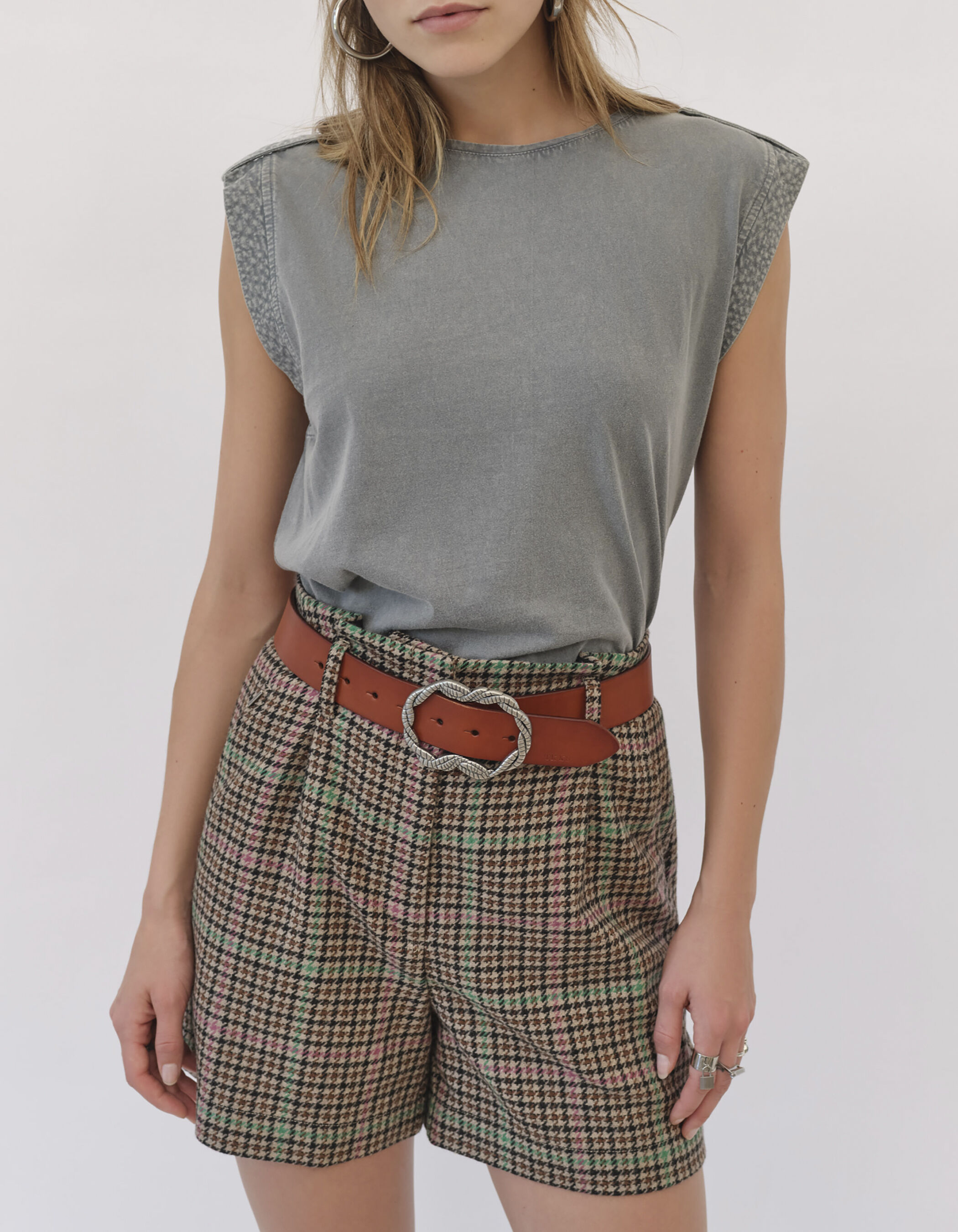 Women s pink and green houndstooth high waist shorts