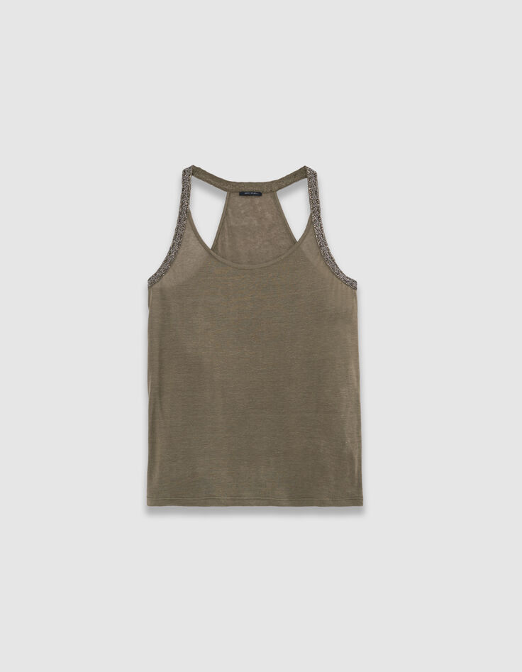 Women’s khaki vest top with bead- embroidered armholes-5 Women’s khaki vest top with bead- embroidered armholes-5
