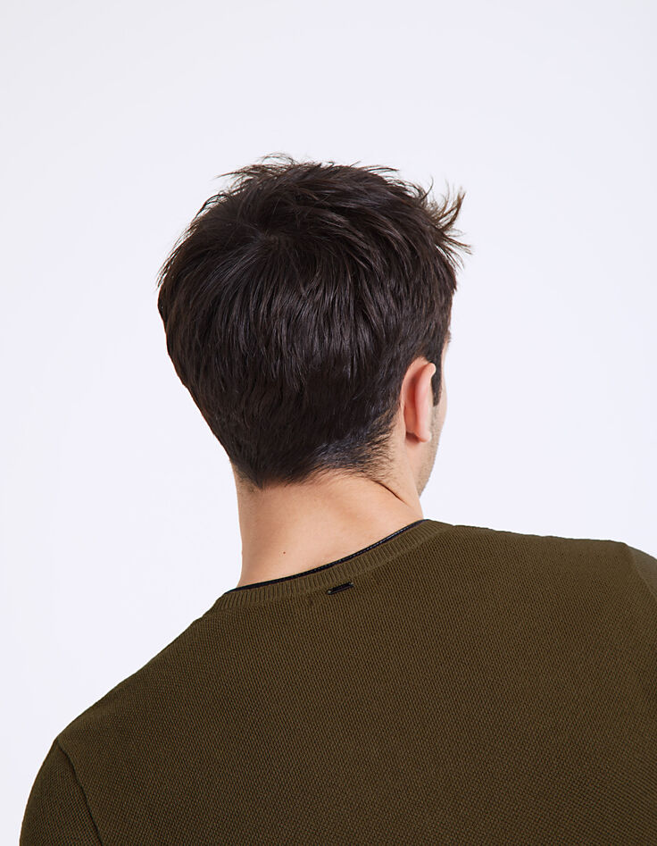 Pull kaki en maille reliefée avec col tunisien Homme-7