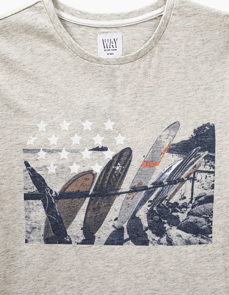 Kittgrau meliertes Jungen-T-Shirt mit Surfbrett-Flagge -2
