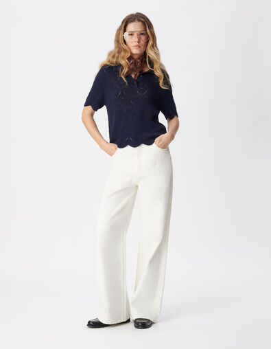 Pull col polo marine tricot ajour&eacute; c&oelig;urs Femme - IKKS
