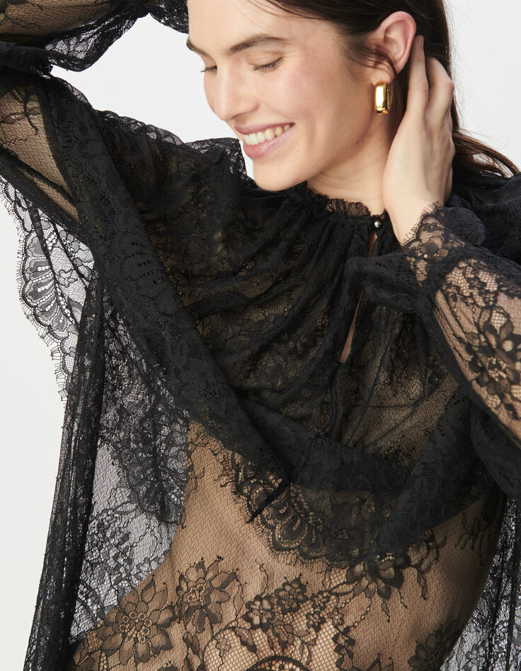 Blouse noire dentelle large volant Femme-6