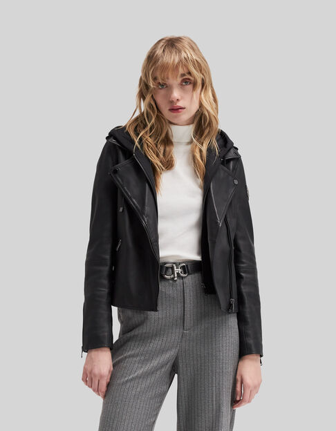 Schwarze Damenlammlederjacke mit abnehmbarer Kapuze