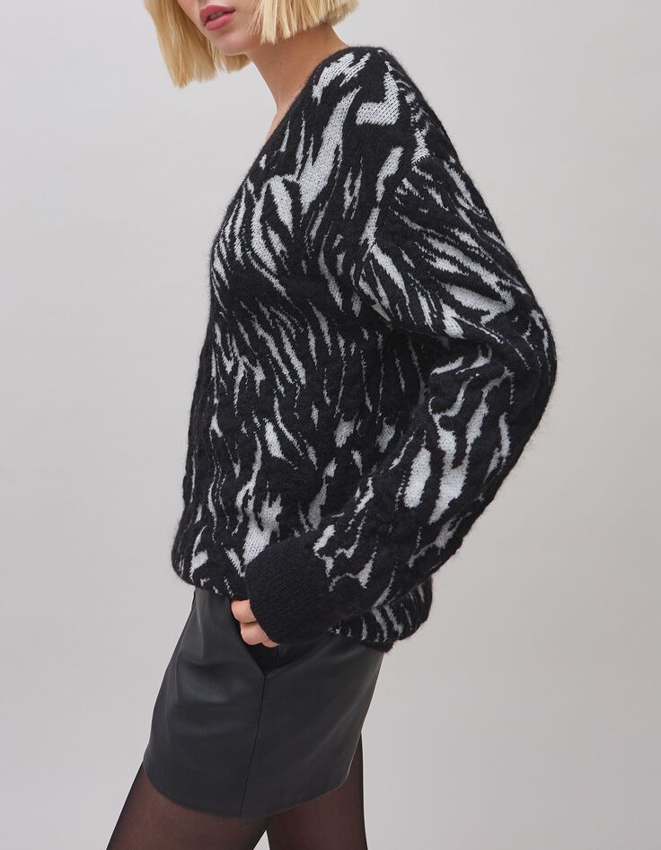 Women's black knit jacquard zebra sweater-5