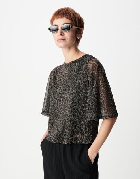 Schwarzes Damen-Top mit 3/4-Ärmeln und Rundhalsausschnitt - IKKS