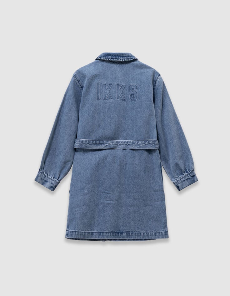 Robe en jean bleu ceinturée détails volants fille-3 Robe en jean bleu ceinturée détails volants fille-3
