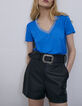 Top bleu bi matière encolure bords-côtes rayés Femme-5