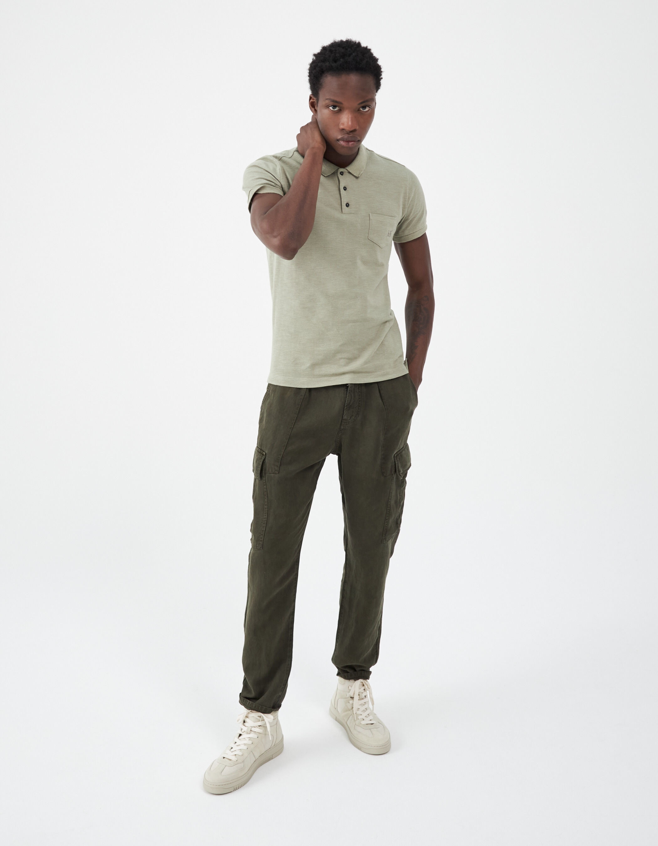 Men s stone green mixed fabric polo shirt chest pocket