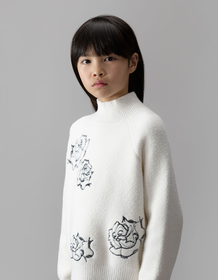 Pull col montant blanc tricot broderies sequins fille-2