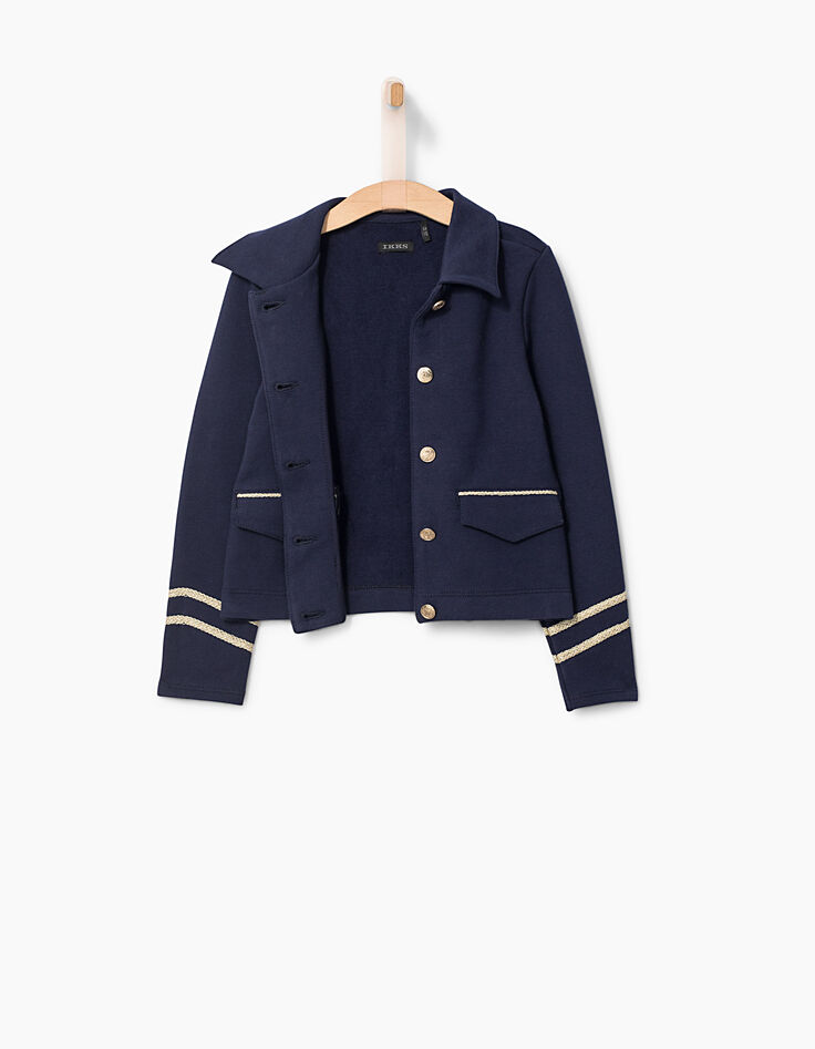 Cardigan bleu à col chemise et galons dorés fille-4