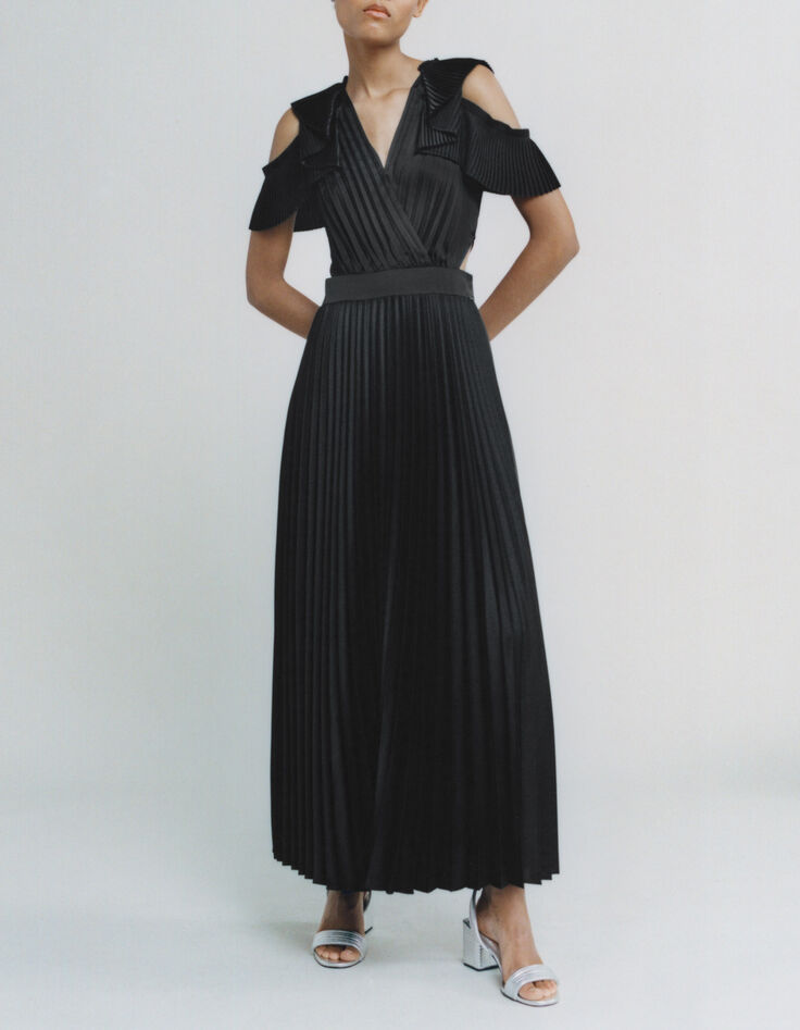 Robe longue noire recyclée plissée découpes côtés Femme-6