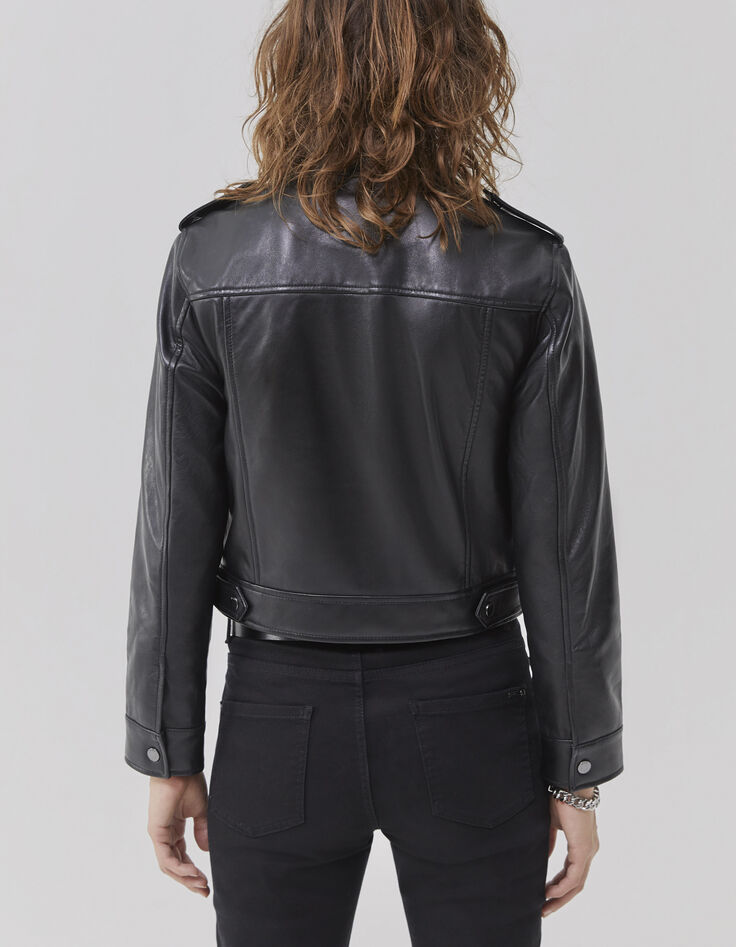 Veste courte en cuir noir avec pattes épaules Femme-3