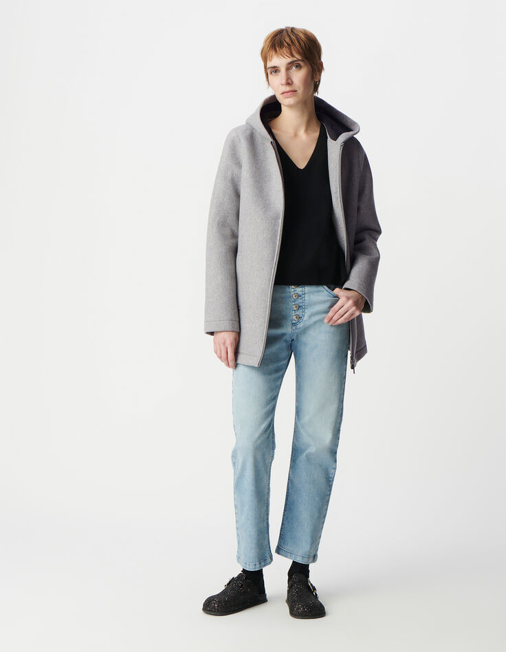Grauer Mantel mit Kapuze aus Flanellwolle für Damen-1