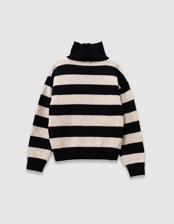 Boys' black knit zip-neck sweater with beige stripes IKKS