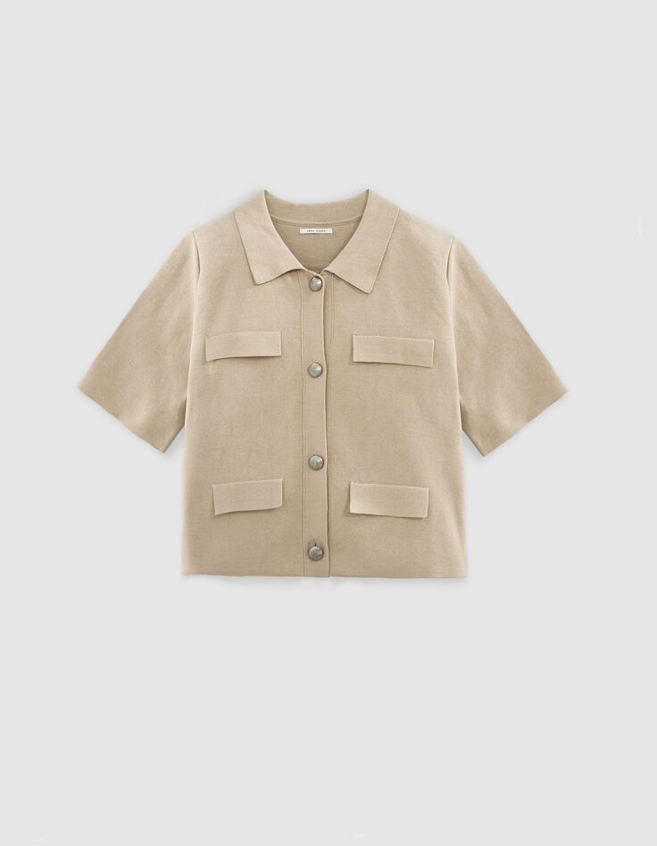Dames kort gebreid beige vest met gegraveerde knopen-5