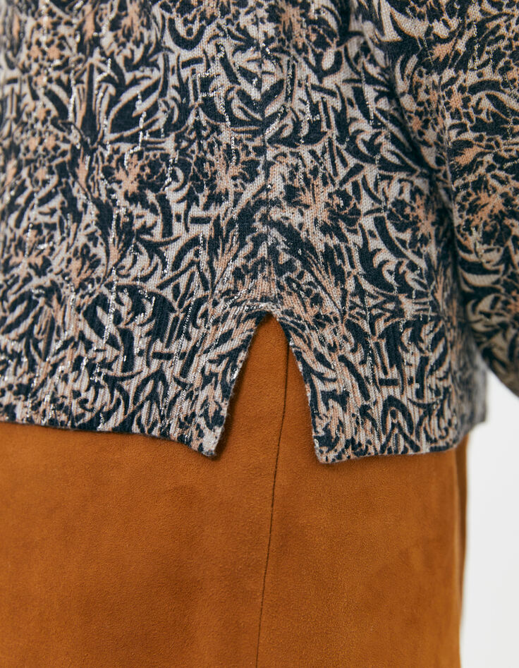 Pull marron en maille fine imprimé arabesque femme-4