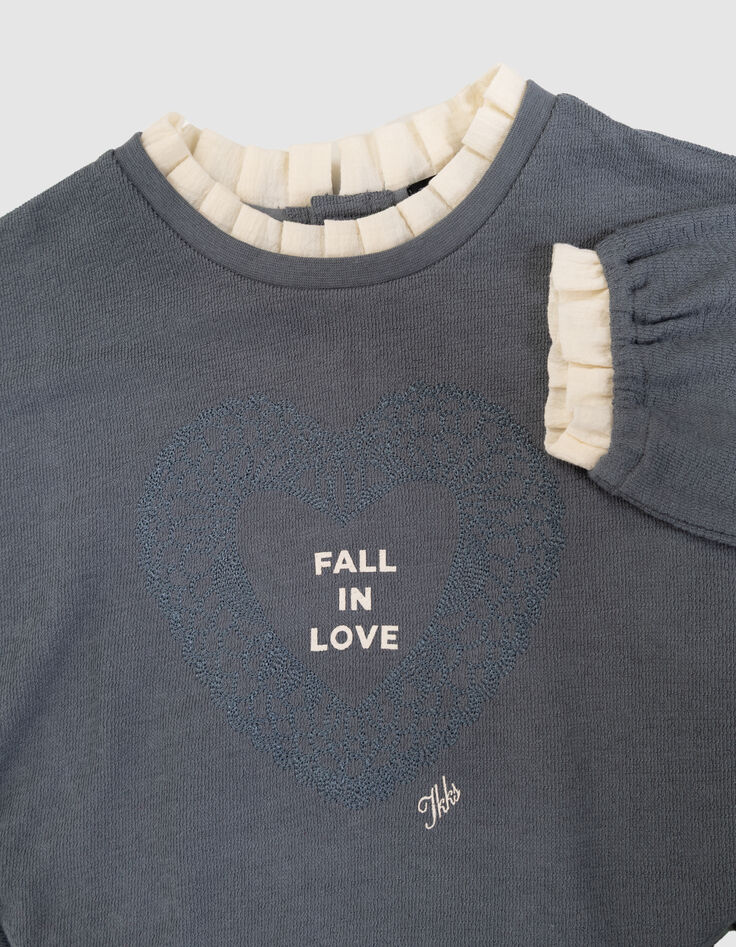 Girls’ blue embroidered long-sleeved T-shirt, ruff collar-2