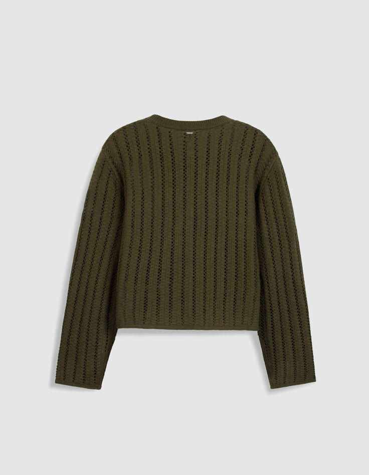 Pull manches longues kaki tricot ajour&eacute; Femme-7