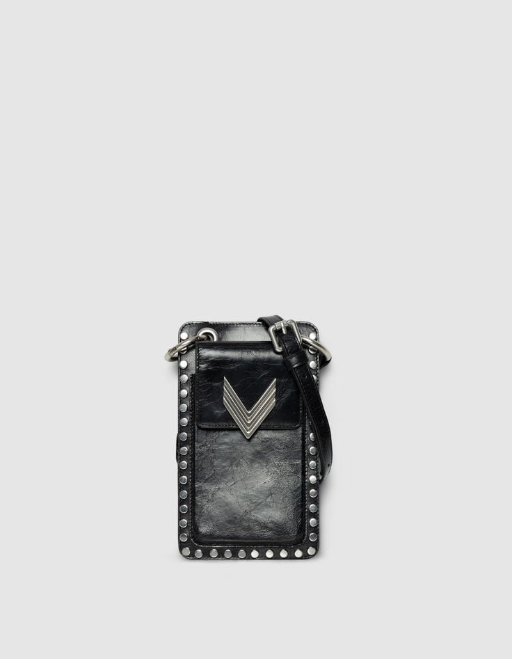 Pochette téléphone 111 noire cuir clouté Femme-1 Pochette téléphone 111 noire cuir clouté Femme-1