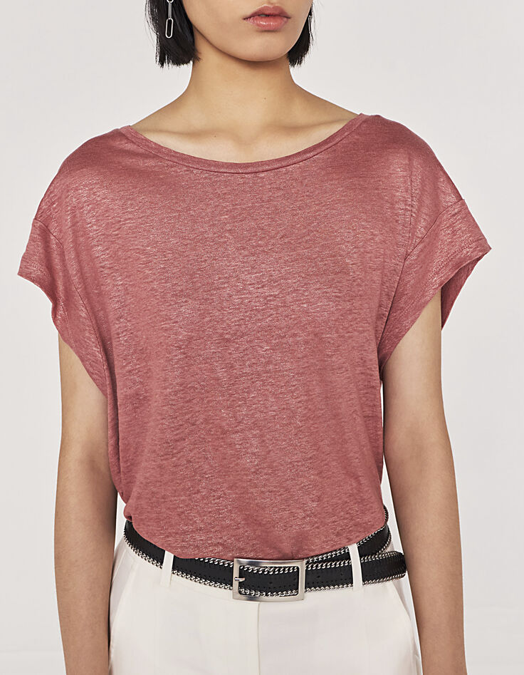 Damen-T-Shirt, Foil-Leinen, kurze Ärmel, hinten geschlitzt-2