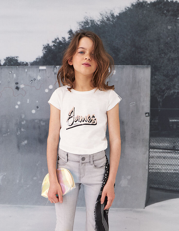 Tee-shirt blanc cassé avec sequins réversibles fille-7