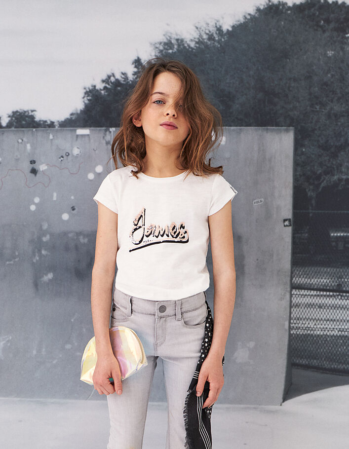 Girls' off-white T-shirt with reversible sequins - IKKS