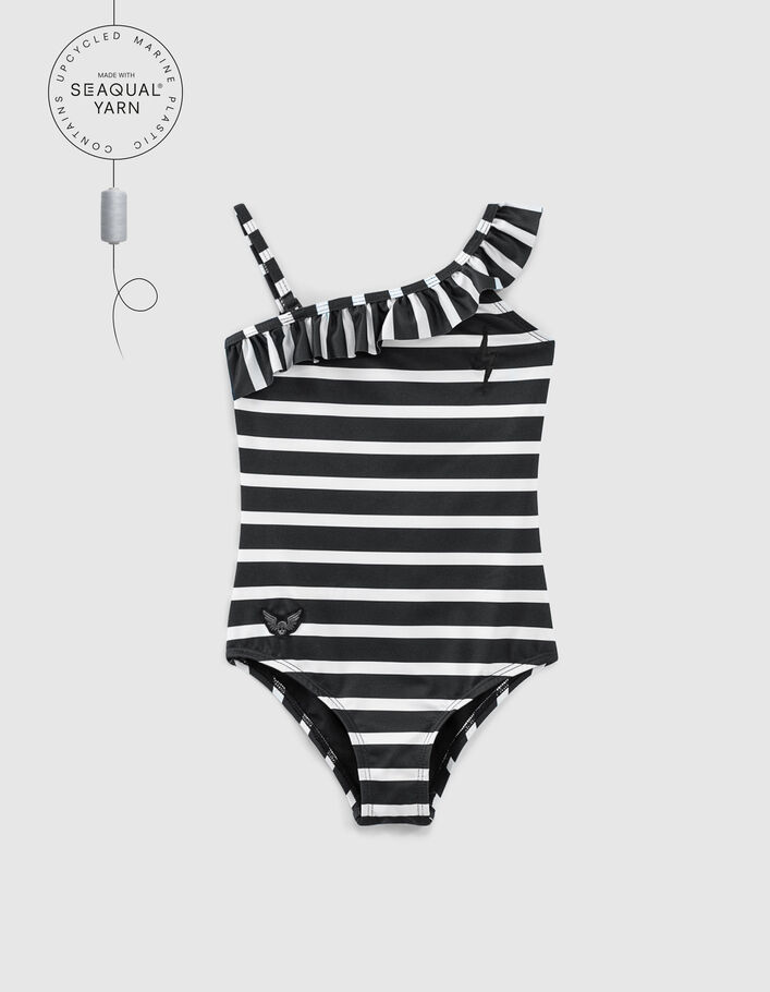 Girls’ black swimsuit with ecru stripes and badges-1
