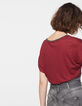 Camiseta de lino granate cuello con perlas joya para mujer-3