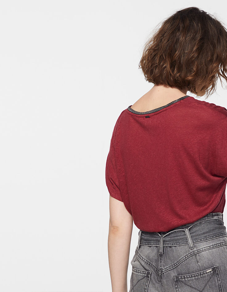 Camiseta de lino granate cuello con perlas joya para mujer-3
