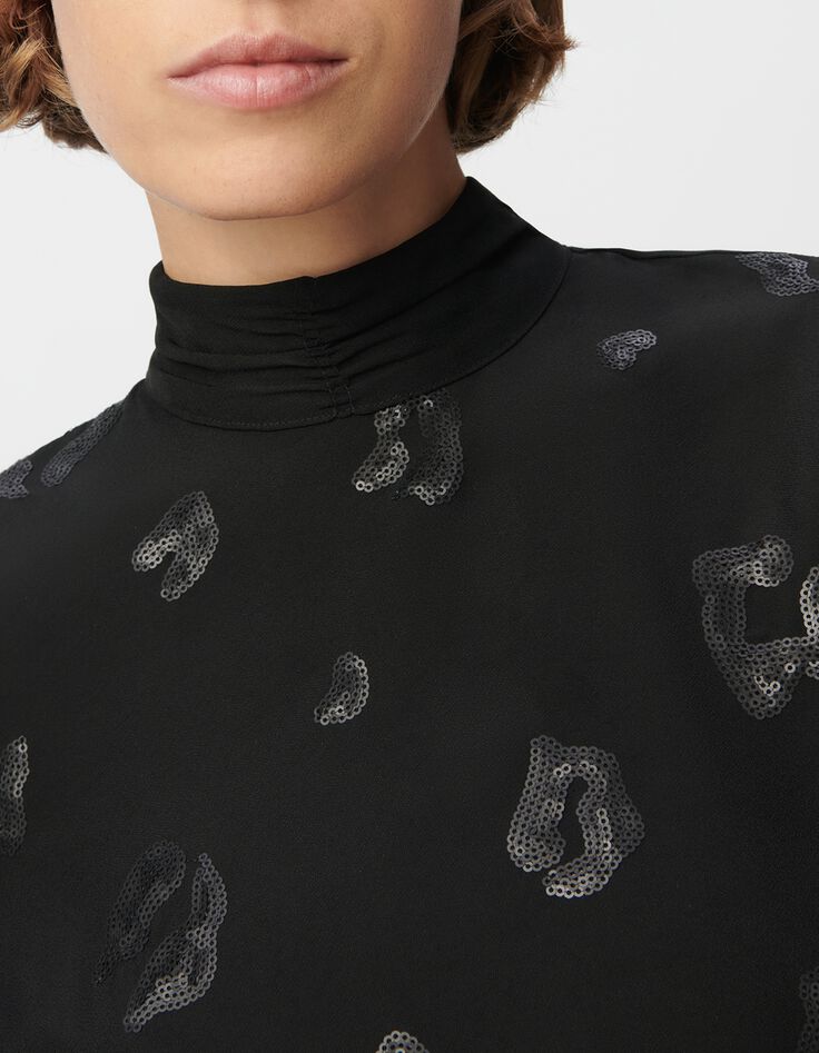 Blouse manche longue noire motif l&eacute;opard brod&eacute; sequins Femme-4