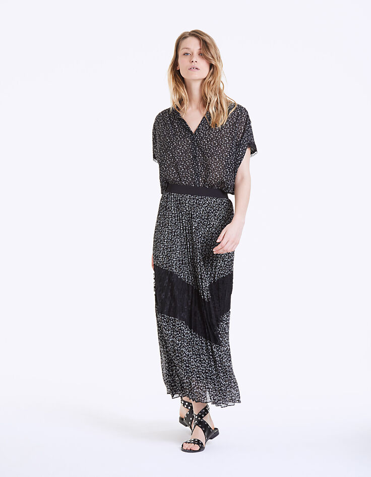 Jupe longue plissée en voile imprimé floral-6