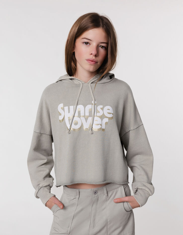 Sweat vert cropped à capuche message pailleté fille-9