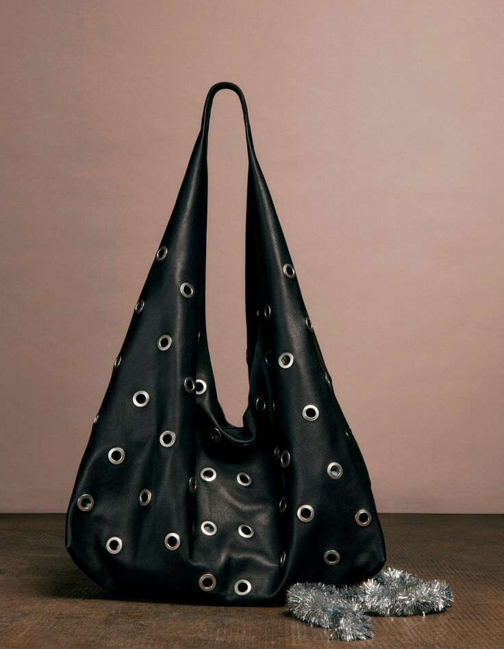 Schwarzes Leder Hobo Tasche maxi eyelet design Gr&ouml;&szlig;e XL Damen-2