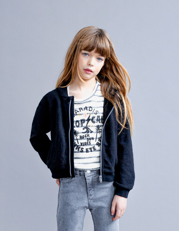 Schwarze Sweatstoff-Mädchenjacke mit Dschungel-Rock-Motiv-1